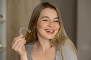 Happy woman holding Invisalign aligner